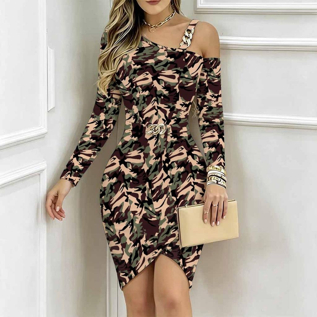 Women Plus Size Cold Shoulder Long Sleeve Multicolor Wildflower Print Irregular Slit Bodycon Midi Dress