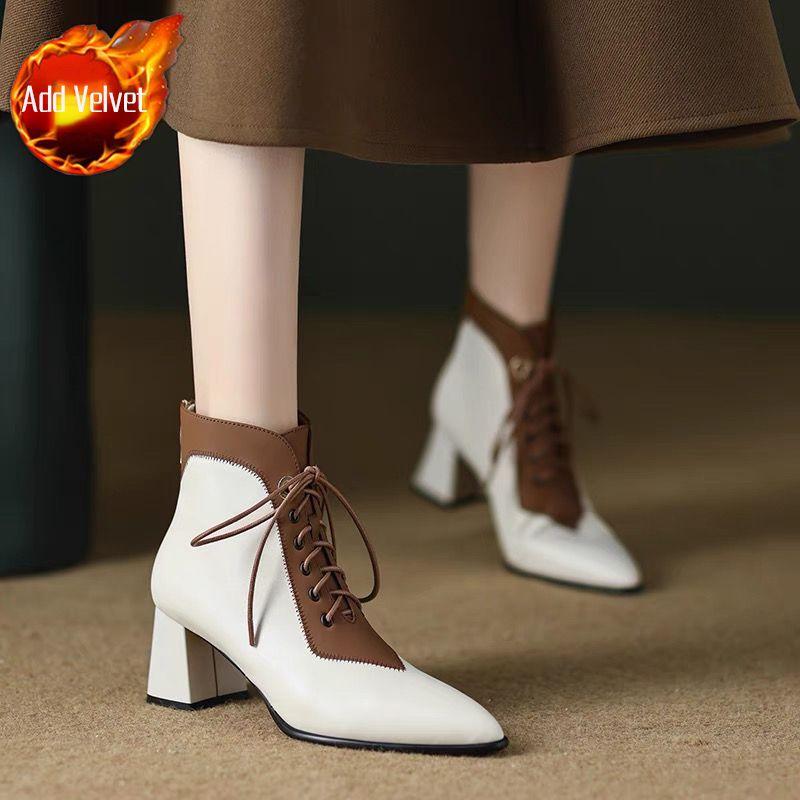 

Color Blocking Heeled Ankle Boots for Women Autumn Winter Leather Lace-up Booties High Quality Hot Pointed Toe Woman Short Shoes 34