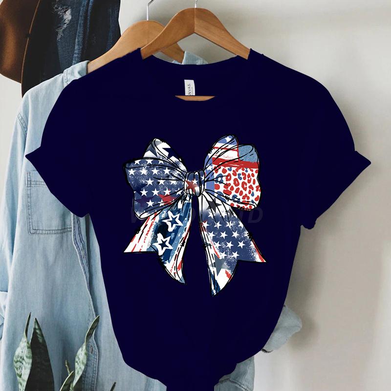 USA Flag Coquette Bow Design Woman T-shirts July 4th Crew Neck Summer Clothes Men 4th of July Coquette Bow Shirts and Blouses