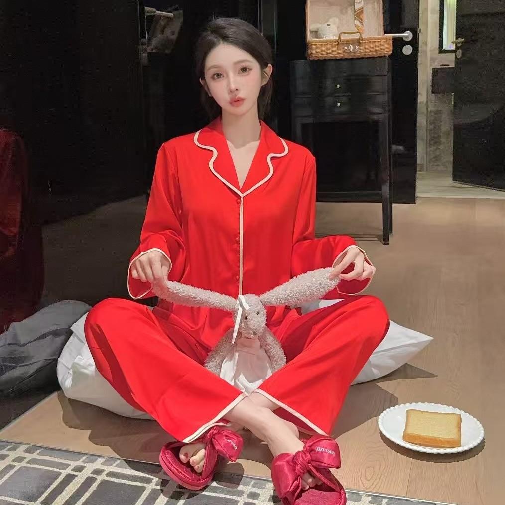 High-end Ice Silk Pajamas Women's Summer New Long-sleeved Trousers Doll Collar Set Korean Version of Ice and Snow Silk Women's Loungewear