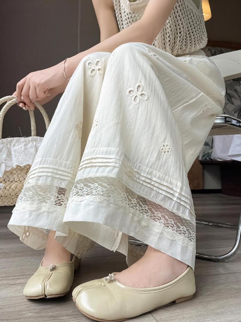 Women's Baggy Wide Leg Pants Lace Splicing High Waist Thin Elastic Waist Straight Trousers Vintage Style Casual Clothing Summer