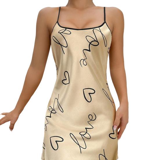 Women Nightdress Round Neck Sleeveless Nightgown with Suspender Design Printing Smooth Fabric