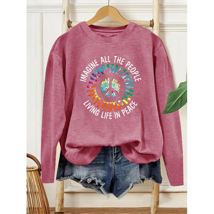Women's Letter Print Long Sleeve English letter print, round neck, casual style, loose fit, autumn and winter T Shirt Fashionable vintage-style tops