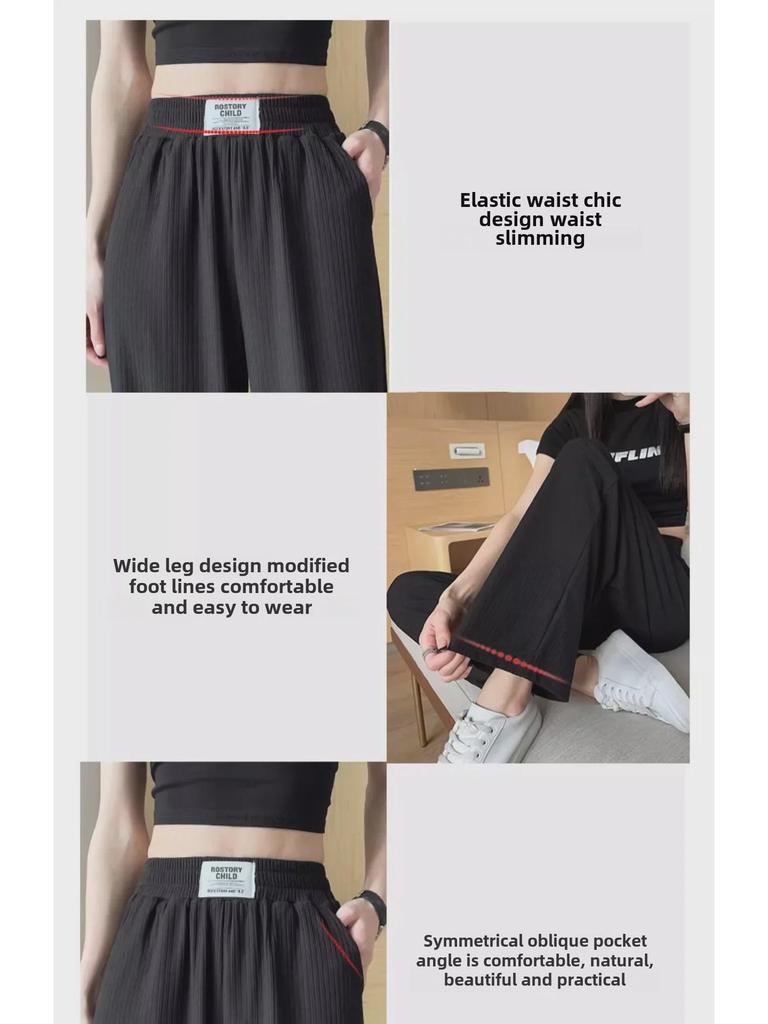 Women's Ice Silk Pleated Wide-Leg Pants with Pockets, Slim Fit, Spring Collection