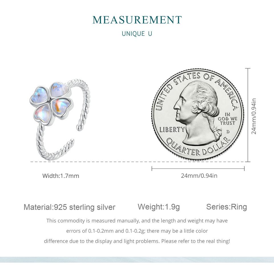 WOSTU 925 Sterling Silver Rainbow Moonstone Four Leaf Clover Ring Women Shiny Open Lucky Rings Girl Party Birthday Jewelry Gift