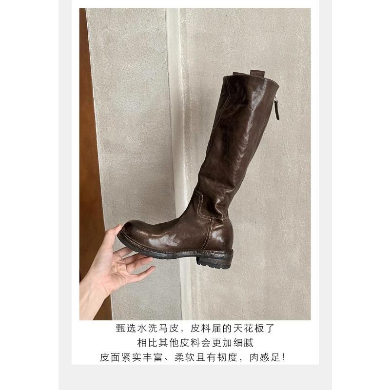 

! Обувь ретро вымытая лошадиная кожа универсальная и тонкая молния толстый каблук платформа рыцарские сапоги 40