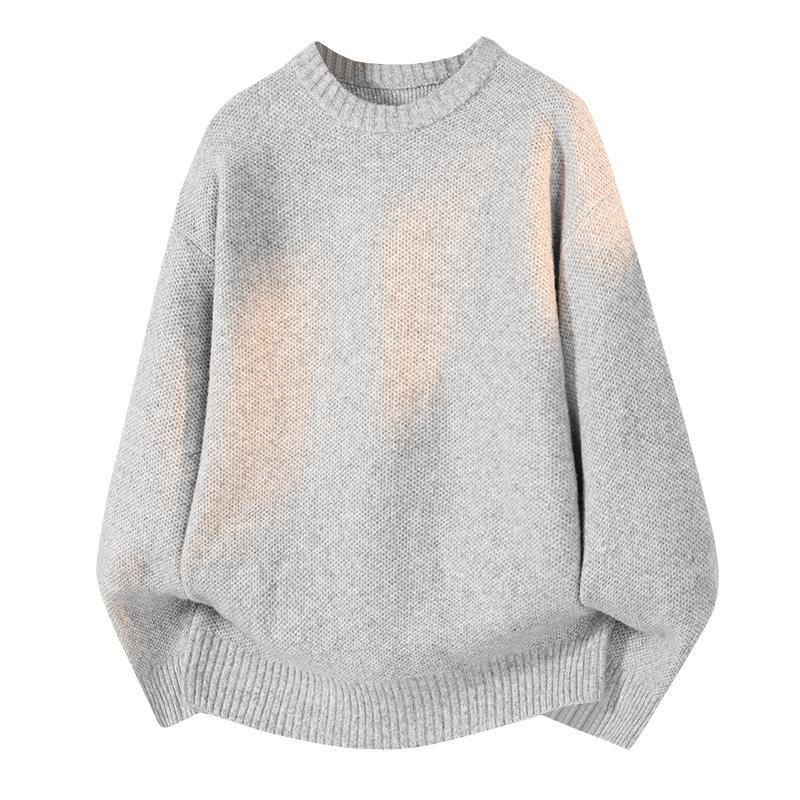 Unisex Light Gray Crew Neck Drop Shoulder Loose Knit Sweater M