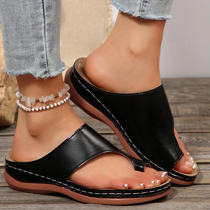 Fashion Gold Slip Toe Soft Sole Sandals Women Summer 2025 Comfortable Platform Casual Slides Woman Pu Leather Plus Size Flat Slippers