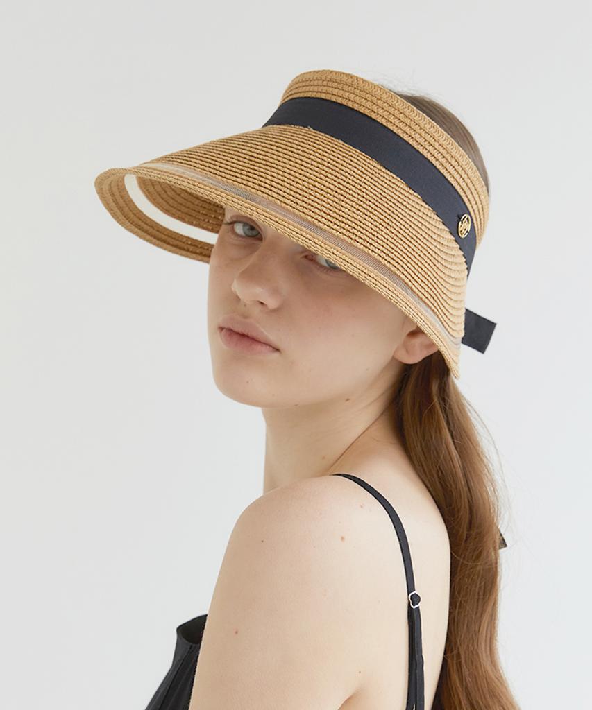Hallen Mesh Ribbon Logo Pendant Raffia Sun Visor (C008_Beige)