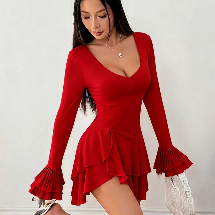 Women Evening Party Long Sleeve Deep V Neck Solid Color Irregular Bodycon One Piece Dress