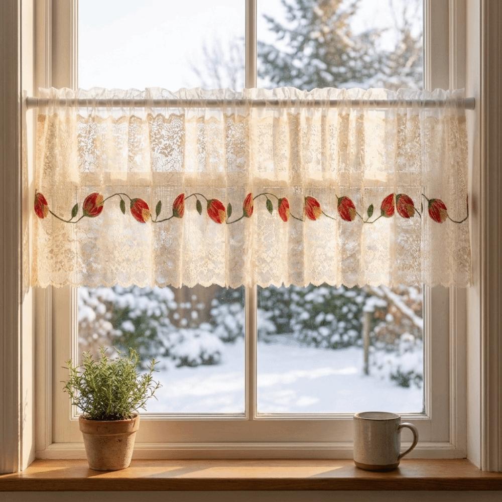 Lace Trim Cafe Curtains Sheer Voile Window Drapes Half Curtains Embroidered Curtains Restaurant