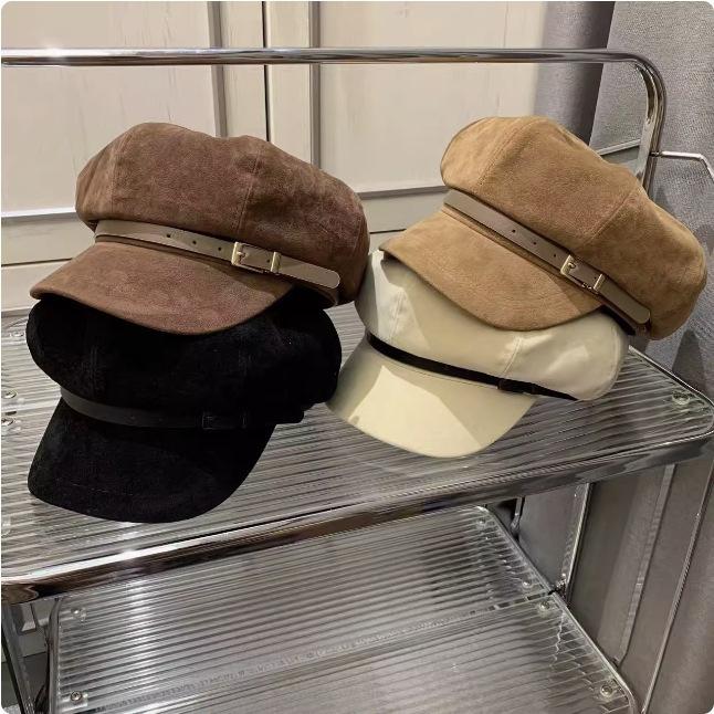

Autumn and winter new high-quality suede newsboy hat children s new face small octagonal painter hat бежевий