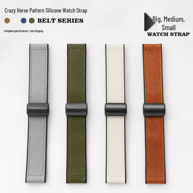 Compatible Crazy Horse Pattern Silicone Magnetic Buckle Strap for Apple Watch Series 11, Huawei Fit34, and Xiaomi Smart Band 89.