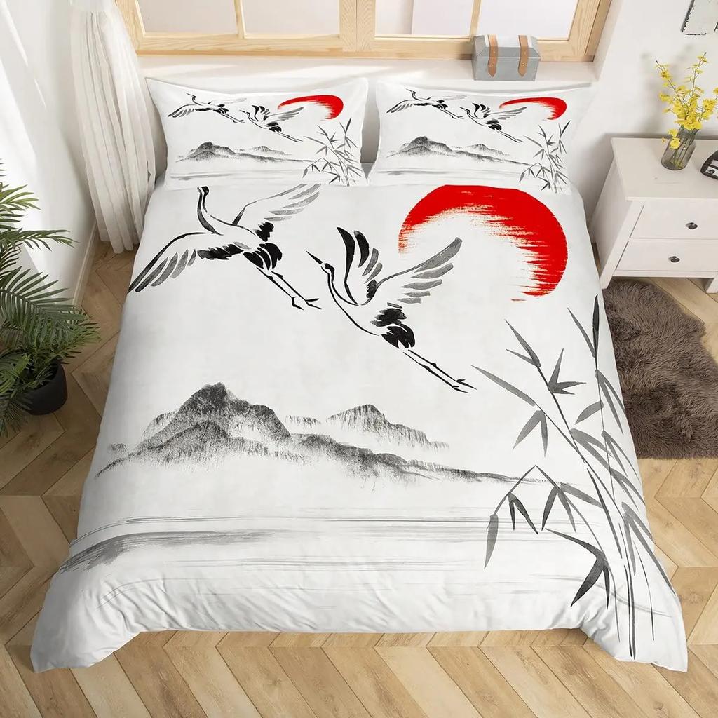 Japanese Style Crane Soft Duvet Cover Set Ful Sized Dimensions,Exotic Red Sun Sea Waves Beding Sets,Vintage Ukiyoe Traditional Warm Comforter Cover