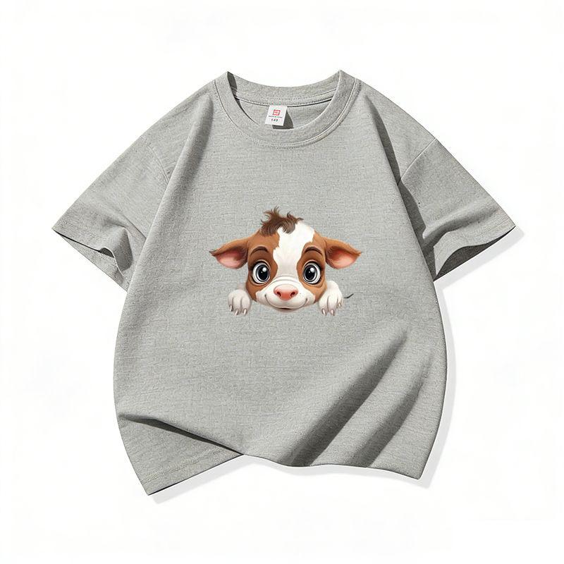 Kids Cotton T Shirt Light Brown Baby Cow Peeking Print Crew Neck Short Sleeve Tee Casual Boys Girls Summer Tops