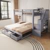 Cama em Beliche, 90 x 200 cm, Cama Extraível 90/180*190cm, com Escada de Armazenamento com Vários Gavetas, Cama Juvenil, Estrado de Ripas, Cama de Madeira, Cinza