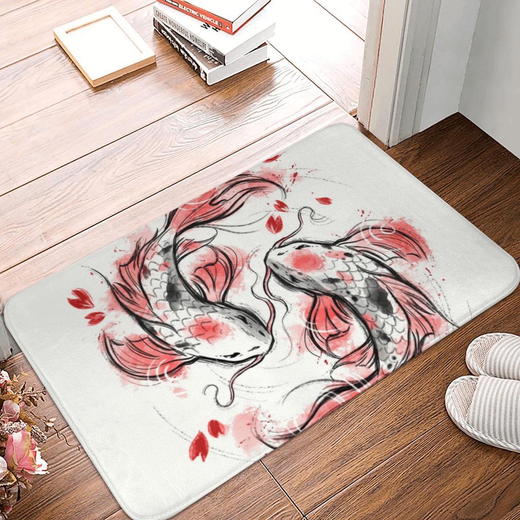 Koi Fish Sakura Blossom In Turquoise Doormat Mat Anti-Slip Cherry Flower Floral Kitchen Bath Garage Rug Carpet 40*60cm