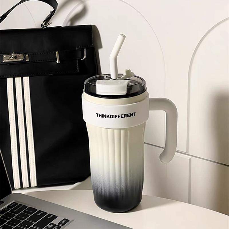 860ml Double Stainless Steel Vacuum Flask With Straw Large Capacity Leak-Proof Coffee Tea Cold Drink Bottle Car Thermal Mug