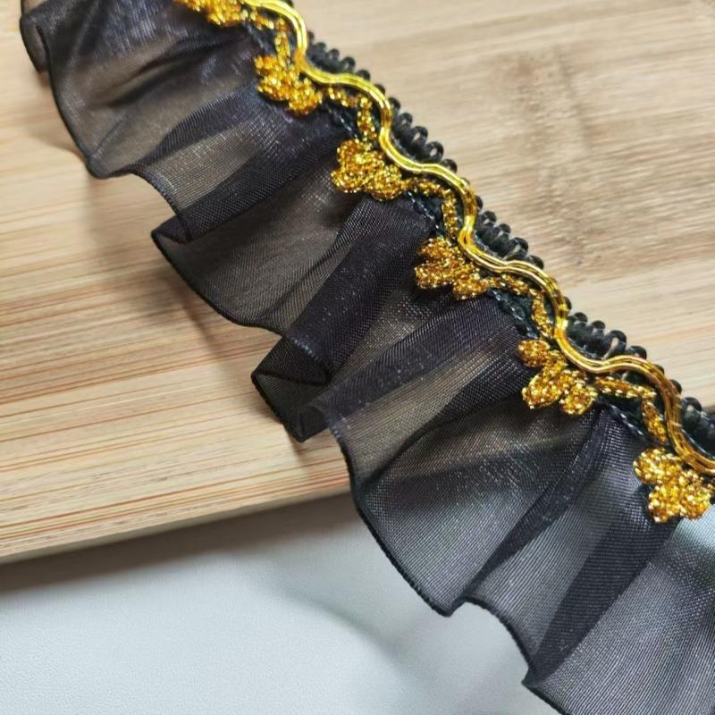 

Высококачественная плиссированная черная тюль с золотой нитью, кружево своими руками, длинная лента, сумка на плечо для девочки, вечернее платье, пошив ткани 1 yard чёрный