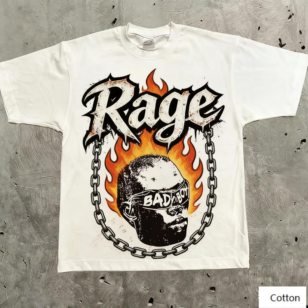 Hardcore Rebell Street Style Unisex Baumwoll-T-Shirt mit Wut-Print Atmungsaktives Schweres Gewebe Normale Passform für Punk-Kultur
