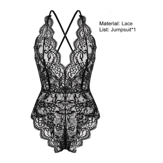 Deep V Neck Sling Bodysuit Underwear One Piece Sexy See Through Lace Pajama for Sleeping