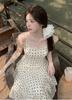 Holiday style French polka dot suspender dress women's summer lotus leaf edge super fairy skirt slim waist word long dress