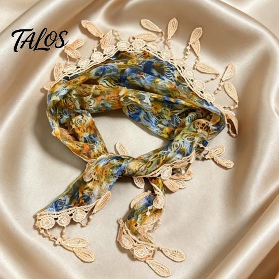 French Aesthetic Head Scarf Women Triangular Shawl with Tassel, Hollow Lace Wrap Retro Oil Soft Polyester Neck Kerchief Painting Print, Breathable