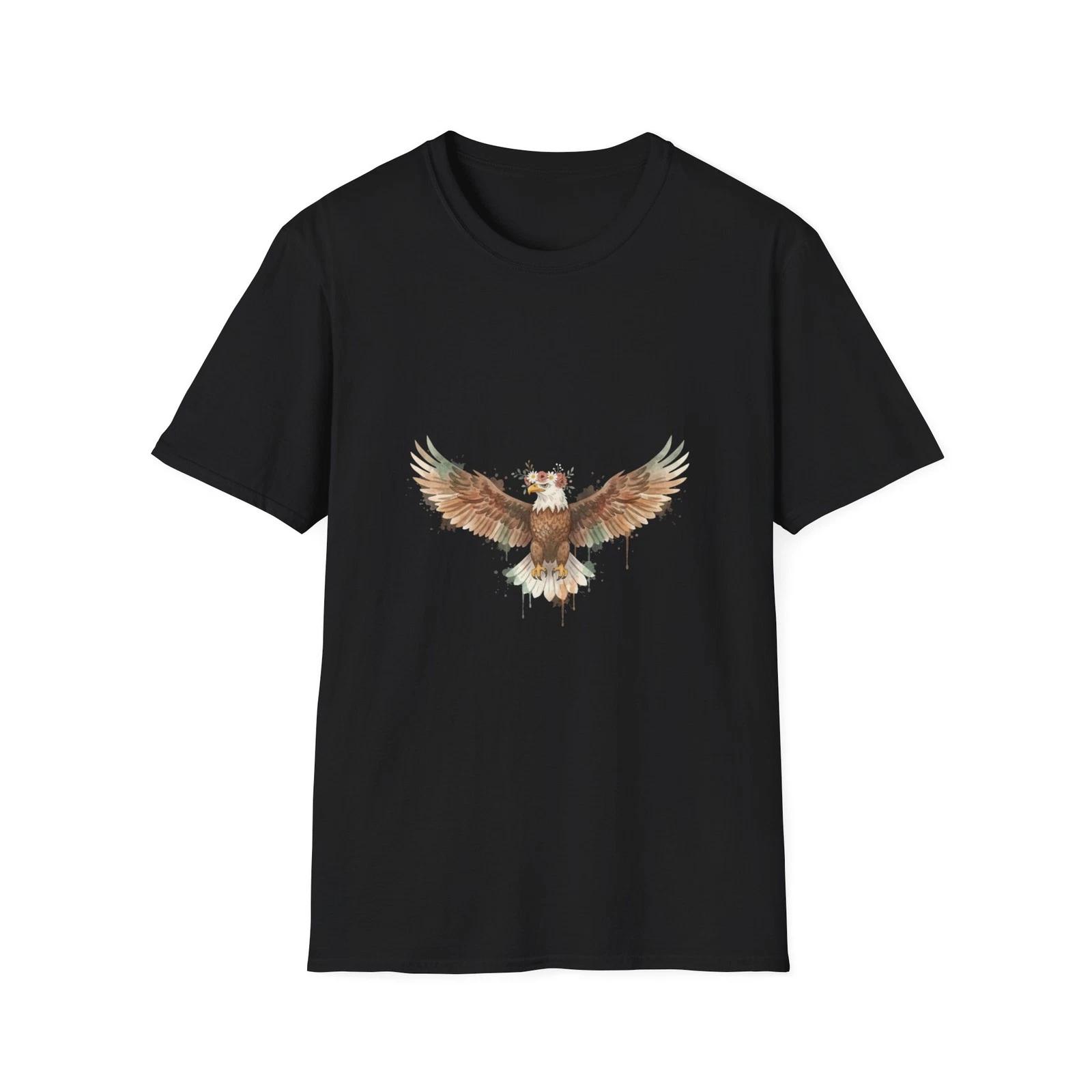 Eagle Floral Crown Watercolor Boho Black Tee Nature Aesthetic T-Shirt L