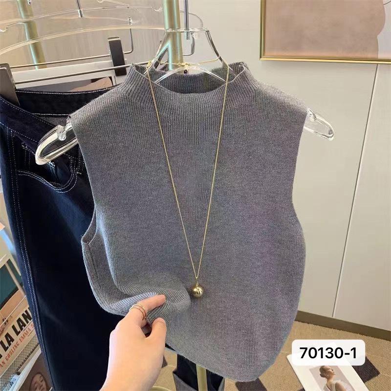 Dámské zeštíhlující pletené tílko s polorolákem, top bez rukávů, barevný blok, francouzský vintage styl, letní, všestranné vrstvení, strečový polyester, jedna velikost