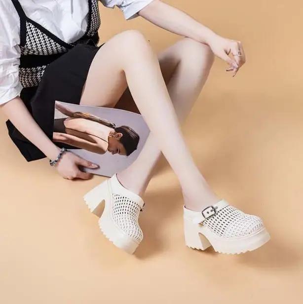 Fashion 10CM Air Mesh Weave Genuine Leather Breathable Sandals Chunky Heels Hollow Platform Wedge High Brand Shoes Summer Women Slipper