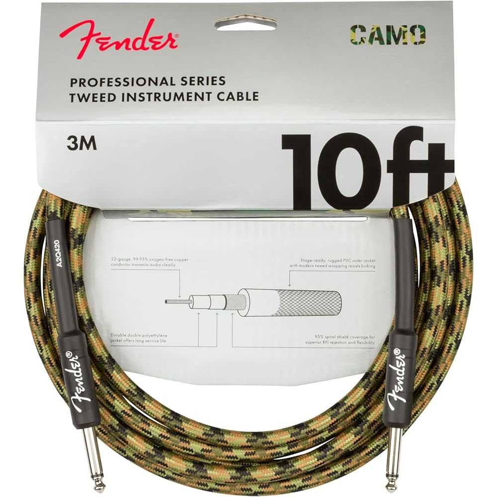 Fender 10ft Professional Tweed Instrument Cable Straight Woodland Camo 1 Pack