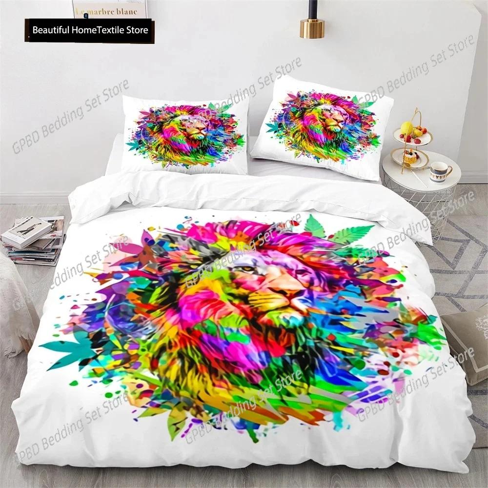 Lion Duvet Cover Set 3D Print Wild Animals Colourful King Queen Size For Kids Teens Adults Bedding Set Polyester Comforter Cover