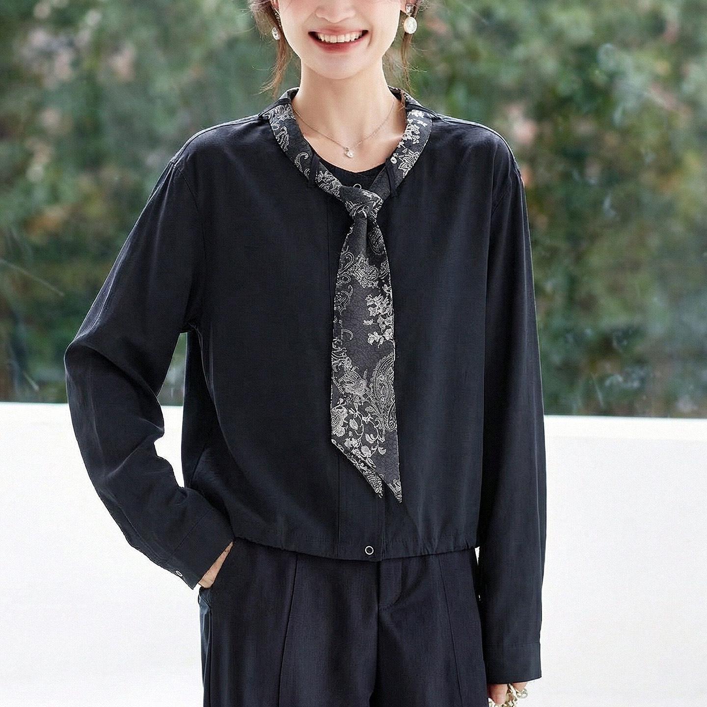 Women s White Long-Sleeve Shirt with Scarf - 2026 Spring Design, Loose Fit, Pure Cotton One Size