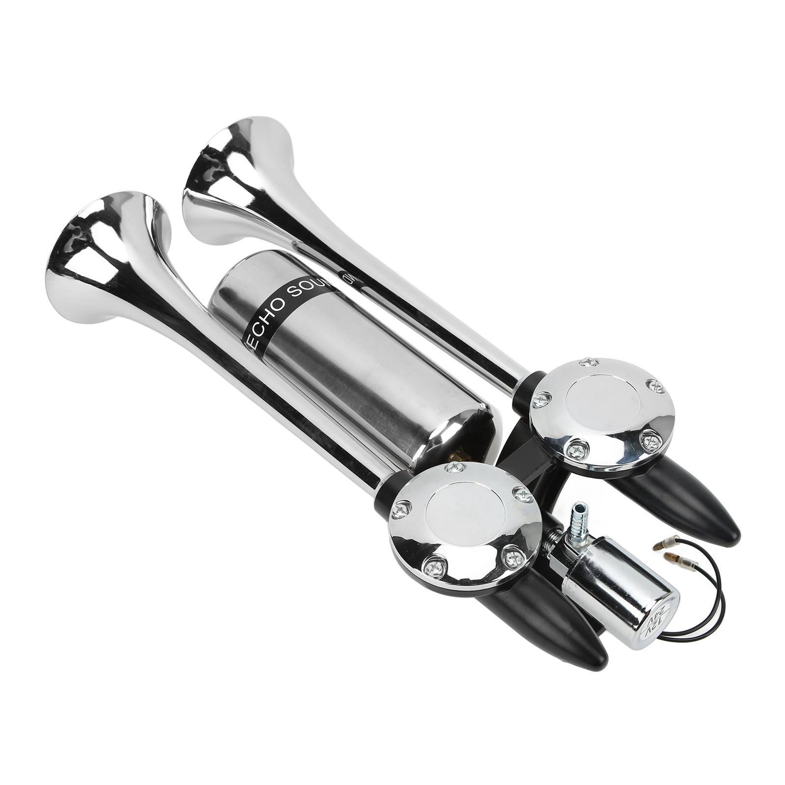 

300 дБ Автомобильный воздушный сигнал Цинковый сплав Хромирование Двухтрубный громкоговоритель для поезда, корабля, внедорожника, дома на колесах, грузовика, мотоцикла DC 12V 24V