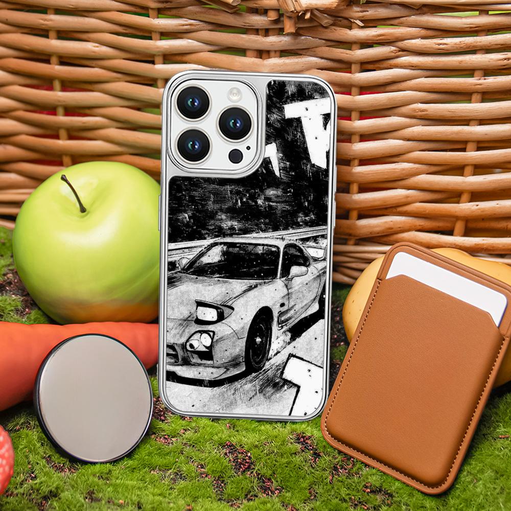 

Racing Initial D anime sports car Phone Case for iPhone 16 15 14 13 12 11 Pro Max Sheepskin Silver-edged protective case iPhone 15 Plus