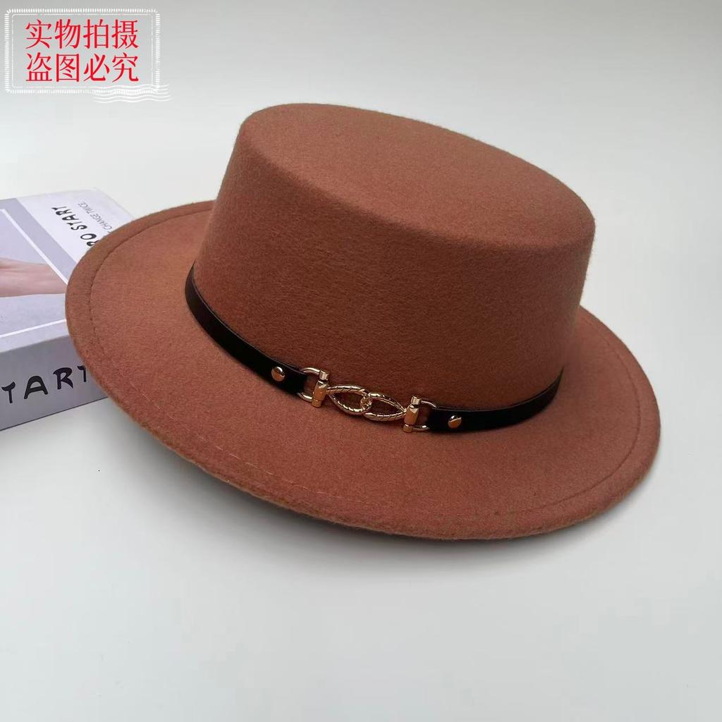 New Belt Buckle Woolen Hat British Retro Autumn and Winter Hat Men's and Women's Trendy Versatile Wide-brimmed Flat Top Top Top Hat