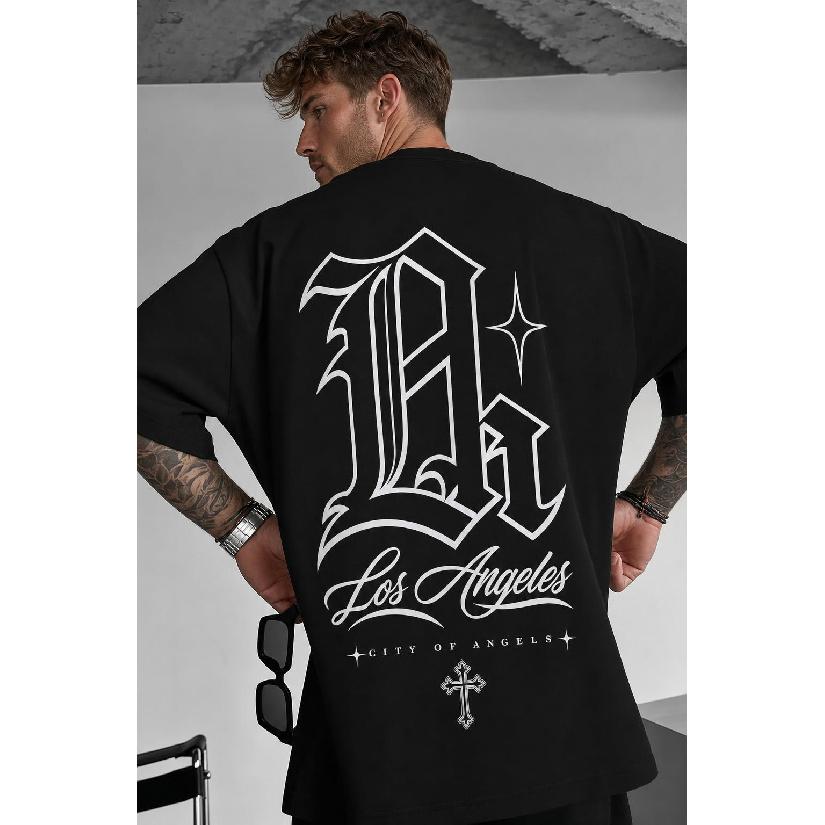 Men's Oversized Black Graphic Tee with LA Los Angeles Back Print, Short Sleeve Crew Neck Soft Cotton Streetwear for Casual Daily Wear