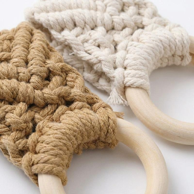 2 Pack Elegant Wooden Cotton Rope Towel Rings Hand Woven Bathroom Accessories For Home Decoration