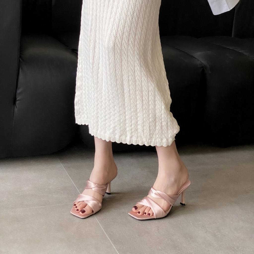 Slippers Spring French Style Square Toe Thin Heel High Heel Elegant French Style FashionSatinOne-Strap Open Toe Women's