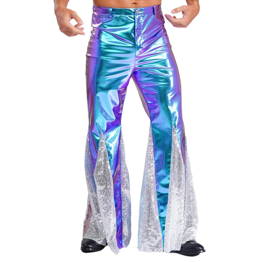 S-3XL Men's 70s Disco Pants Shiny Metallic Sequins, Hippie Vintage Bell Bottoms Flared Pants for Dance Party & Nightclub