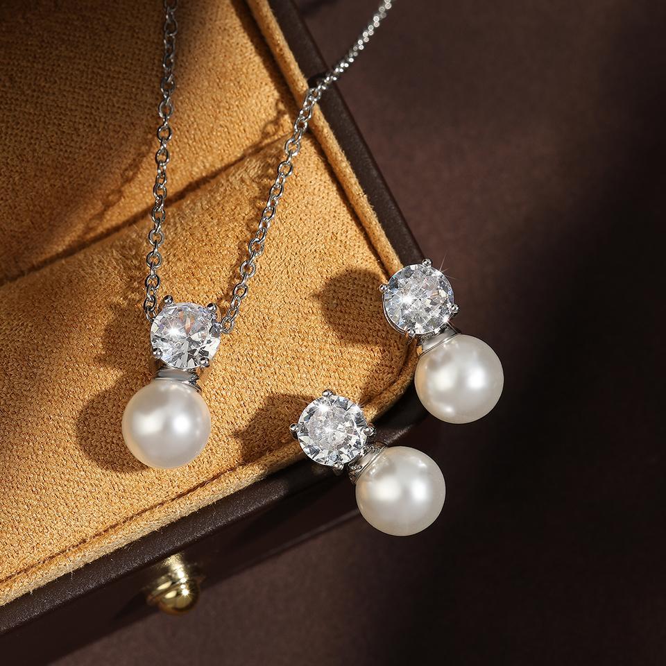ZAKOL Elegant Round Cubic Zirconia Imitation Pearl Necklace Earrings For Women Bridal Wedding Party Jewelry Gift