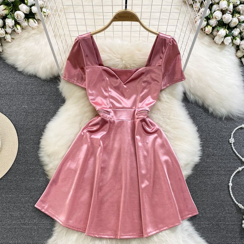 

Summer French Hepburn Style Short Sleeve Square Collar Acetate Satin Cut Out Zipper Waist Slim Looking A- line Large Hem Dress Pink M