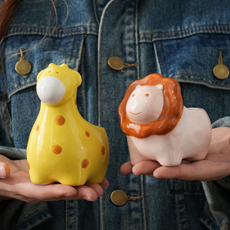 Cartoon Animal Ceramic Flower Pot Cute Lion Giraffe Plant Cactus Potted Home Garden Flower Vase Interior Desktop Decoration Gift