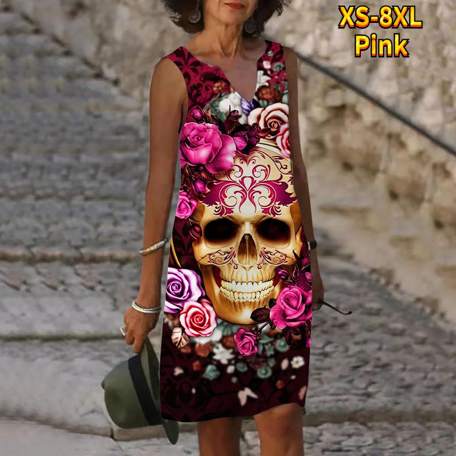 Women V Neck Summer Blue Skull Head Print Dress Casual Sleeveless Fashion Casual Loose Sexy Dresses Plus Size XS-8XL