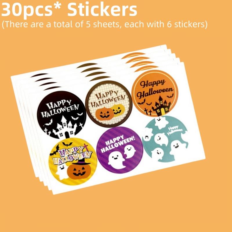 30pcs Halloween Stickers Pumpkin Ghost Bat Castle Party Box Gift Bag Packaging Sealing Stickers Round Adhesive Decorative