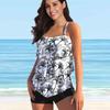 Women's Shoulder Strap Swimsuit Black Shadow Print Bikini Tankini Swimsuit