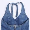 Abito Estivo Midi in Denim con Scollo a V e Nodo, Senza Maniche, per Donna