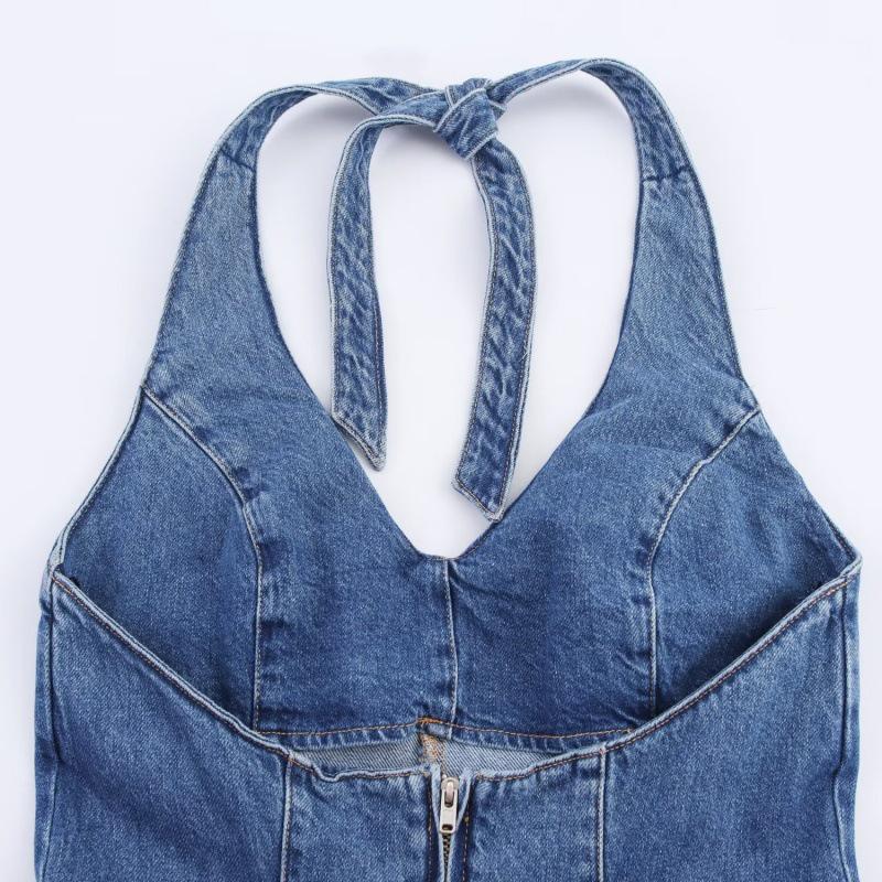 Abito Estivo Midi in Denim con Scollo a V e Nodo, Senza Maniche, per Donna