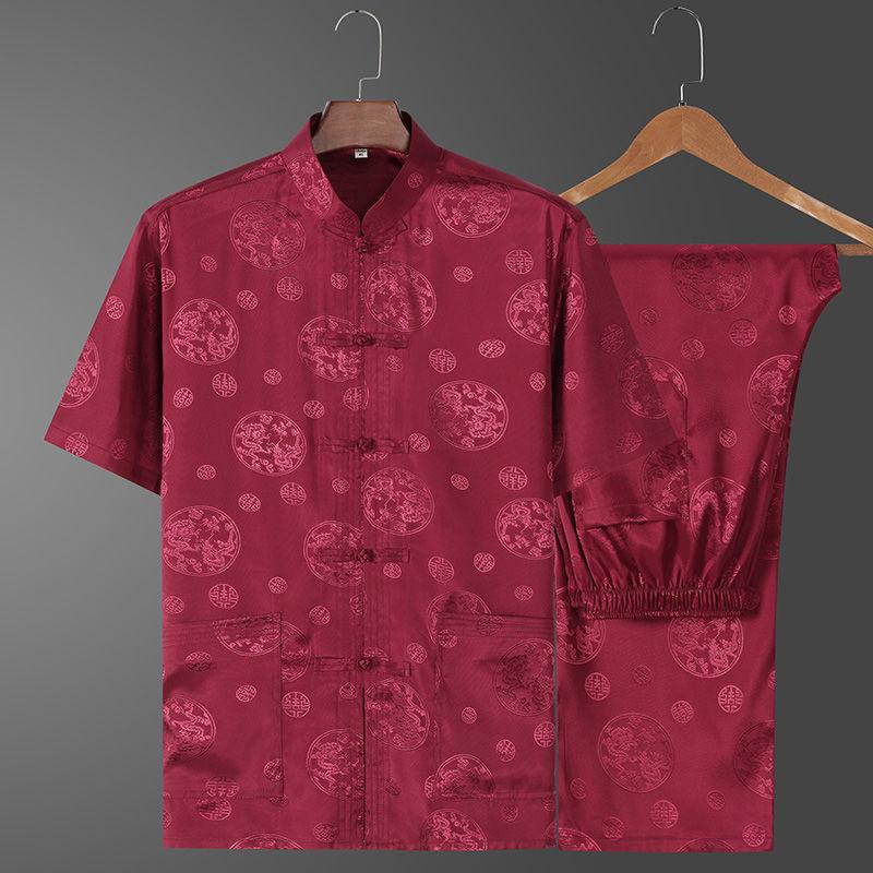 Casual Ice Silk Tang Suit Men's Short Sleeve Loose Fit Plus Size Chinese Style Father Hanfu Summer Clothing For Middle-Aged