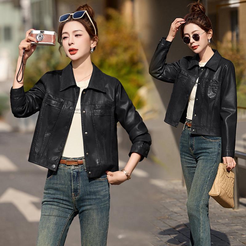 2025 Women's Slim Leather Jacket: Short, Fashionable, Turn-Down Collar Coat XG9957